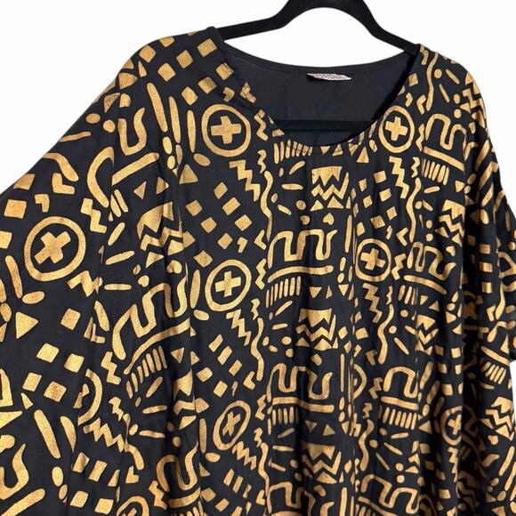 VTG 80s 90s BLACK GOLD AFRICAN PRINT KAFTAN MU MU HOUSE DRESS MAGIC PLUS SZ OS - Picture 3 of 6